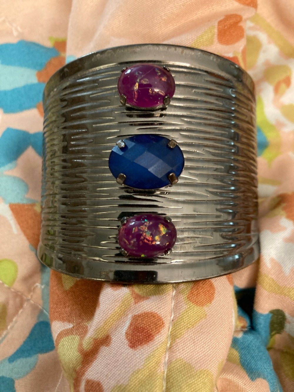 Oxidized Metal Cuff Bracelet with Pink and Blue Accents
